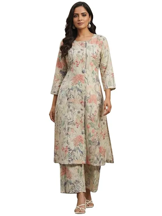 Floral Grace Kurti Set (S, Blue)
